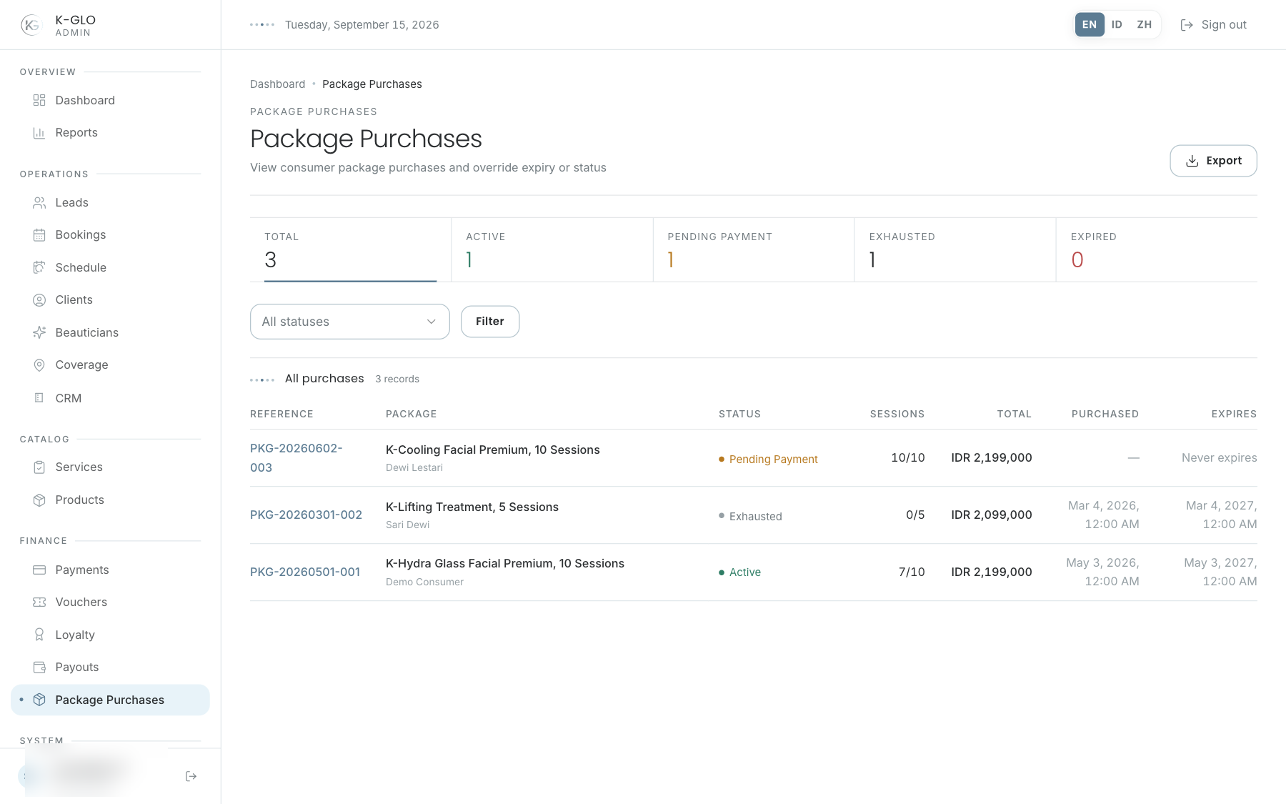 Package Purchases ledger