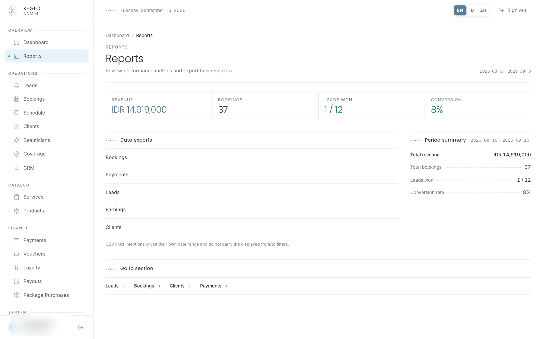 Reports KPIs and exports