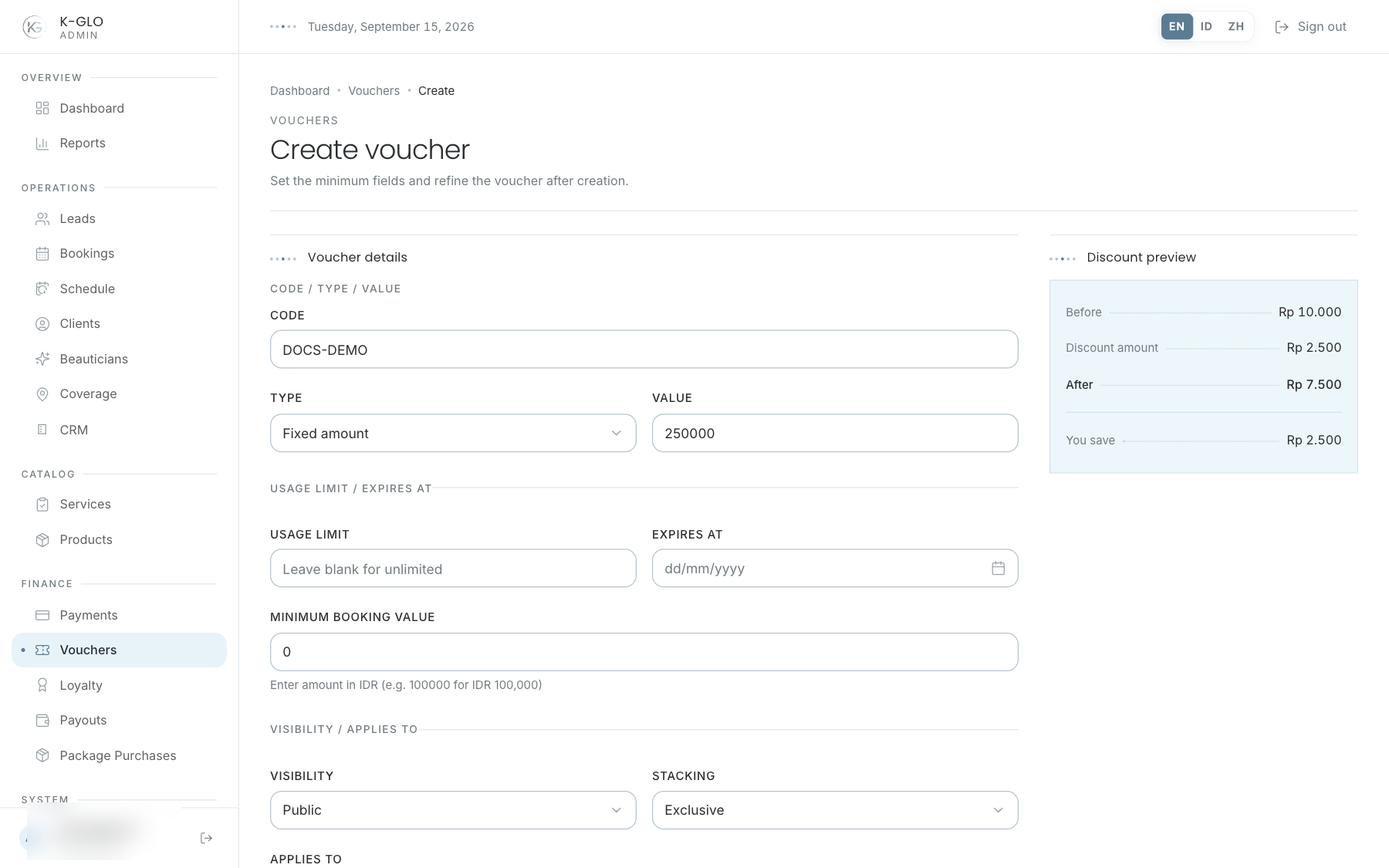 Voucher live discount preview